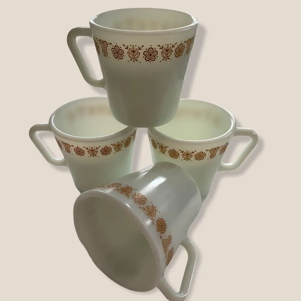 4 Vintage Gold Butterfly Pyrex Milk Cups